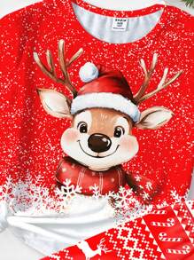 SHEIN Vrolijk Kerstfeest! Loungewear met Kerstthema, Rendier, Sneeuwvlokken, Peperkoekenmannetje, Tween Girls Simple Cartoon Print T-shirt met korte mouwen en broek 2-delige pyjamaset, nauwsluitende pasvorm, voor een kerstfeestje met het gezin