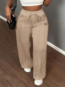 Slaydiva Pantalones rectos de color liso con cordón en la cintura, informales - Caqui - Ver 8