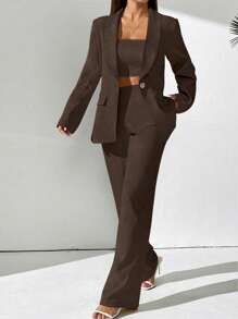 Calvaya Conjunto elegante de chaleco corto con cuello de chal y pantalones de traje de unicolor para mujer, otoño e invierno