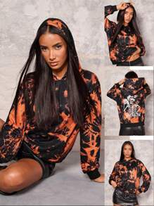 Zolique Casual Flame Orange Black Knitted Long-Sleeved Hoodie With Large Pockets Thick Autumn/Winter Daily Back Offset Halloween Skull Themed Party Ladies Hoodie Pullover Fall Sweatshirt - Black - View 1