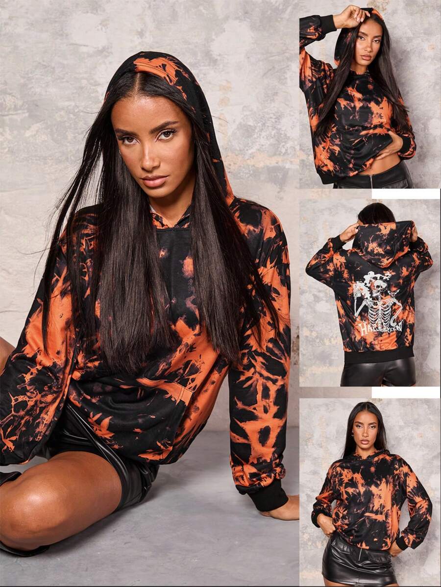 Zolique Casual Flame Orange Black Knitted Long-Sleeved Hoodie With Large Pockets Thick Autumn/Winter Daily Back Offset Halloween Skull Themed Party Ladies Hoodie Pullover Fall Sweatshirt - Black - View 1