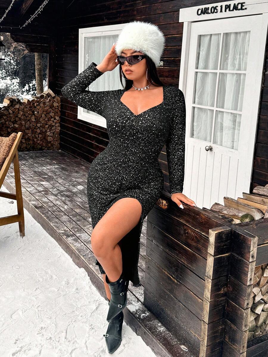Flirla Plus Size Sparkly Split Hem Bodycon Dress, Autumn/Winter Fashion - Black - View 1