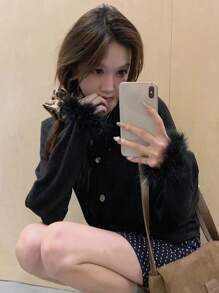 DAZY 女士休闲纯色毛边开衫，秋装 - 黑色 - 查看 4