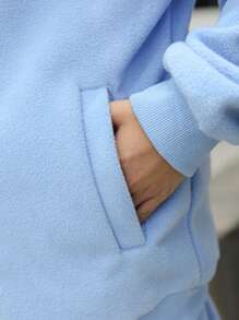 2 件套青少年男孩字母印花拉链连帽衫，带口袋和羊毛裤 - 藍色 - 查看 7