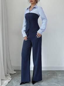 Modelyn 2 件套女士休闲撞色条纹印花修身衬衫和宽松阔腿裤套装，春秋两件套 - 藏蓝色 - 查看 6