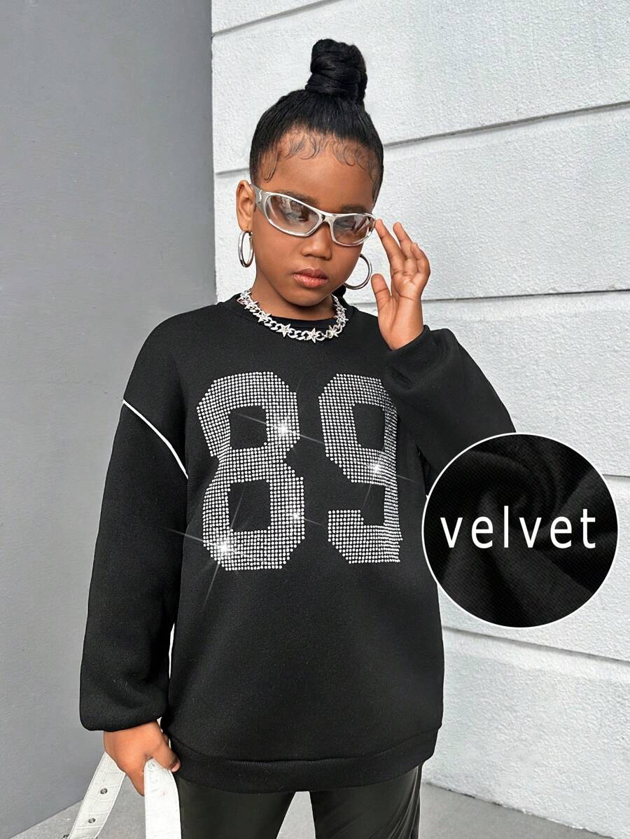 SHEIN Tween Girls Casual Party Rhinestone Embellished Crewneck Thermal Lined Sweatshirt - Black - View 1