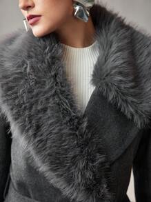 MOTF PREMIUM WOOL CONTRAST FLUFFY WATERFALL COLLAR SLANT POCKET BELTED PEA OVERCOAT - Grey - View 3