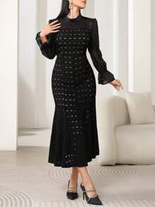 Modelyn Fitted Mermaid Hem Mesh Splice Long Sleeve Midi Dress For Women Maxi Women Outfit Long Evening Dresses