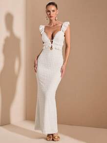 SHEIN BAE 白色纹理针织提花面料性感荷叶边饰盖袖，镂空露背系带细节优雅长款鱼尾晚会礼服 - 白色 - 查看 3