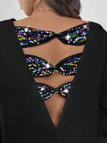 Calvaya 大码缎面面料衬衫，带亮片拼布、V 形后背镂空、3 层亮片蝴蝶结装饰和荷叶边袖口，适合外出、度假和聚会休闲穿着