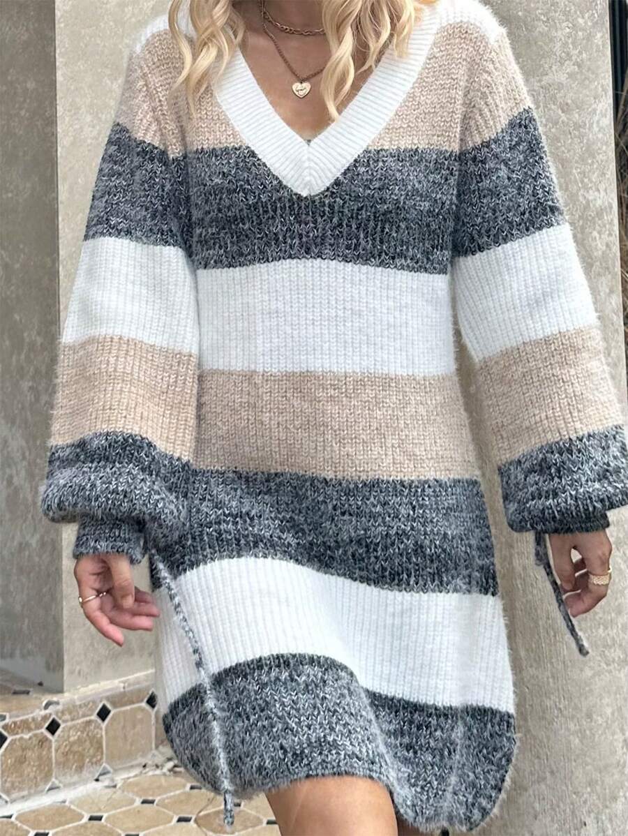 Chiquease Váy len ôm dáng kẻ sọc cổ chữ V cỡ lớn cho nữ - Nhiều màu - Xem 1