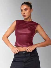 SHEIN BAE 女士纯色露背扭纹背心 - 酒紅色 - 查看 4