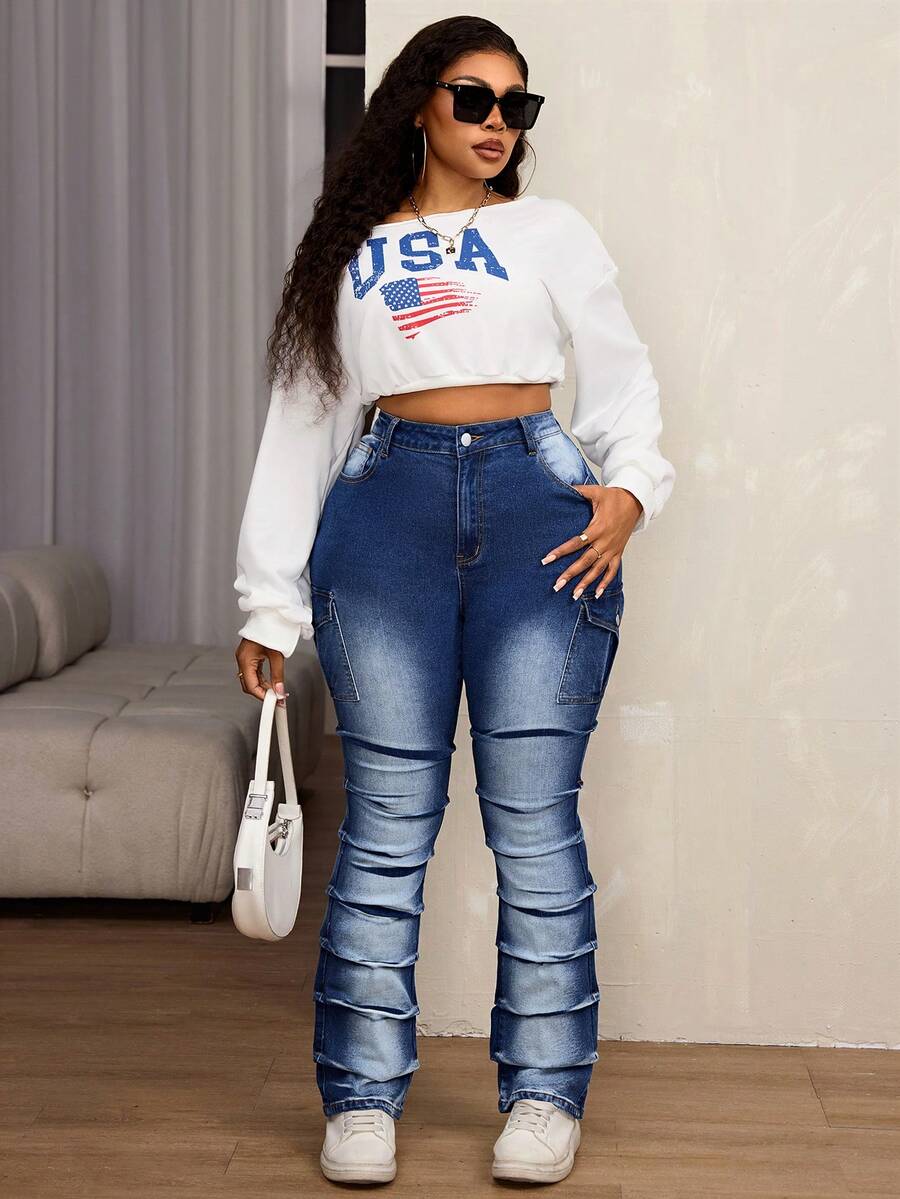 SHEIN SXY Plus Size Denim Elastic Cargo Pleated Flared Pants SHEIN EUR