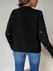 Chiquease Áo cánh dài tay cài nút phía trước trang trí ngọc trai giả thường ngày - màu đen - Xem 2