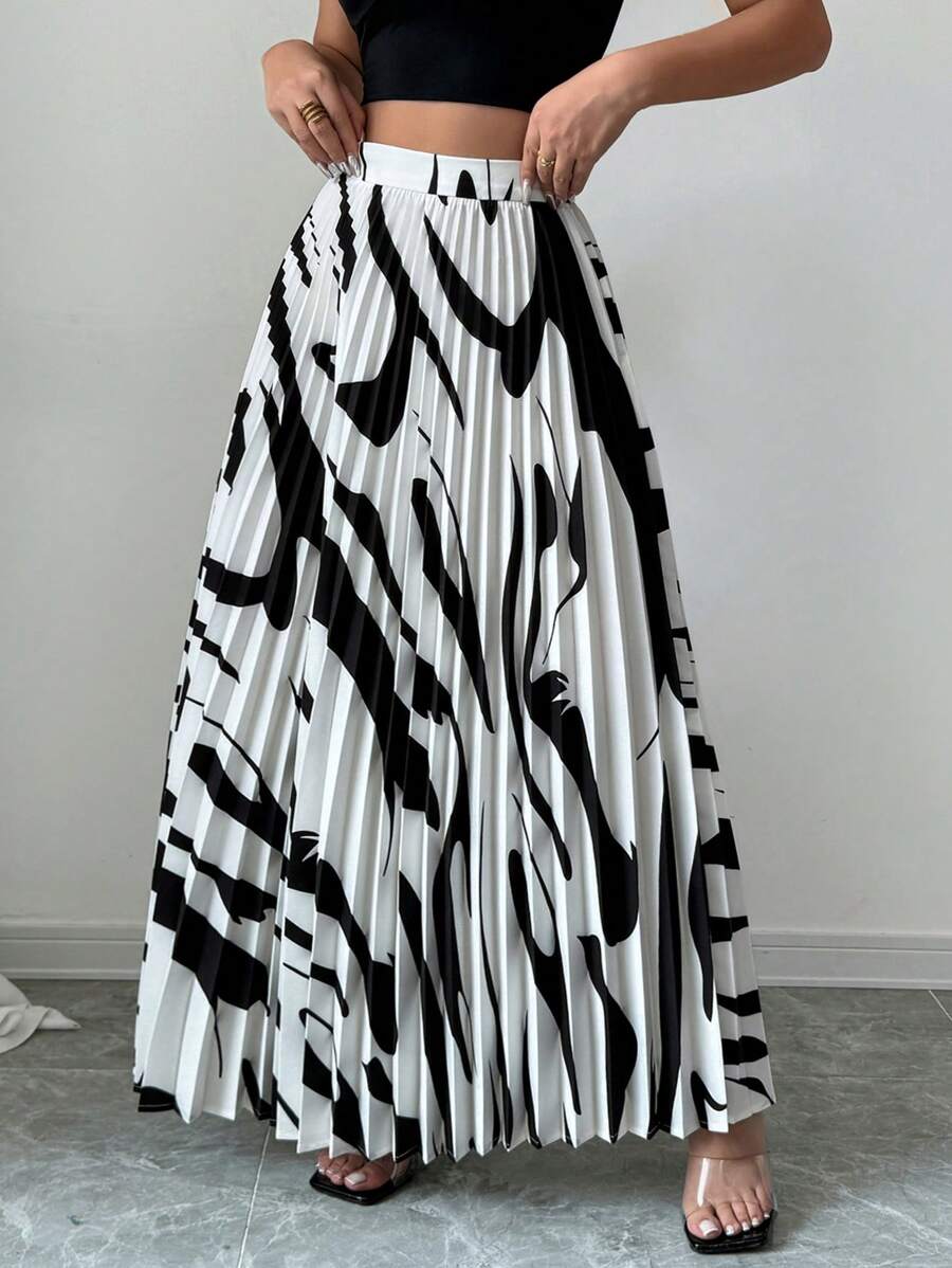 Firerie Women's Elegant Pleated Long Skirt, Suitable For Commuting Brunch Picnic Black And White Autumn - Black and White - View 1