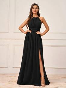 SHEIN Belle 浪漫优雅苋菜红色雪纺压皱面料细肩带高开叉大腿露背系带水滴形伴娘礼服（成人） - 黑色 - 查看 6