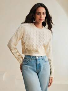 Anewsta French Retro Cable Knit Round Neck Cropped Sweater, Knit Pullover Fall Winter - Apricot - View 4