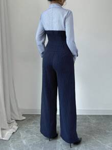 Modelyn 2 件套女士休闲撞色条纹印花修身衬衫和宽松阔腿裤套装，春秋两件套 - 藏蓝色 - 查看 2