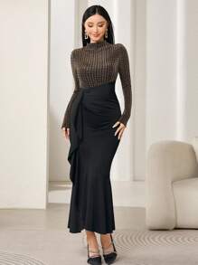 Modelyn Đầm dài tay thanh lịch cổ màu tương phản dành cho nữ - Vàng - Xem 3