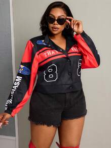 Slaydiva Áo khoác thu đông dài tay màu đen và đỏ cỡ lớn màu tương phản - Z - Đỏ - Xem 4