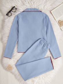 Tween Girl Pajamas - Comfortable Loose Strawberry Embroidered Long Sleeve Top And Pants Set, Coral Pink - Blue - View 2