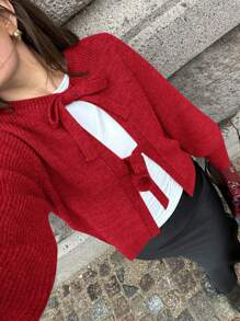 SHEIN Essnce 女士秋冬灰色毛衣 休闲前系带女士开衫 开衫 秋季毛衣 - 酒紅色 - 查看 3