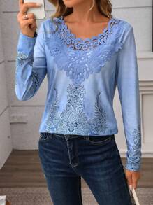 SHEIN LUNE 1 pieza Camiseta de manga larga con cuello de punto estampado floral patchwork para mujer, otoño