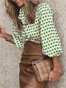 女式长袖全印花前系带休闲衬衫