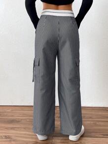 Flirla Women Striped Print Casual Straight Leg Pants With Pockets
