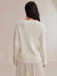 Anewsta Women Crochet Lace Drop Shoulder Loose Solid Color Sweater