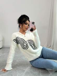 SHEIN Unity Women Casual Wave Pattern Zip-Up Fluffy Hooded Cardigan Sweater, Autumn/Winter Fall Cloth For Women - Beige - View 6