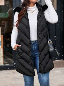 Franclia Chaleco acolchado con capucha y cuello esponjoso para mujer de talla grande, prendas de vestir de invierno