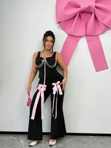 SHEIN SXY Quần ống loe nơ đen hồng dễ thương cỡ lớn dành cho nữ, thích hợp cho đêm Giáng sinh, mùa thu và mùa đông, đêm hẹn hò, sinh nhật, tiệc độc thân, dễ thương, giản dị, mua sắm, thời trang dạo phố, đi chơi, dễ phối đồ và trông thon gọn, tôn lên vóc dáng, tôn dáng - màu đen - Xem 5