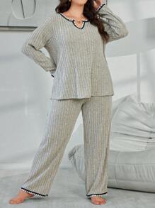 Conjunto de pijama informal y acogedor con textura esponjosa, asimétrico, de punto acanalado, cuello con muesca, parches y adornos florales, para otoño e invierno, tallas grandes - Albaricoque - Ver 6