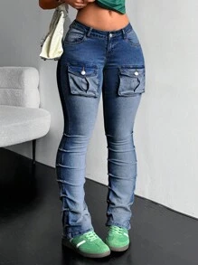 SHEIN ICON 女士休闲百搭工装喇叭褶牛仔裤 - 深色水洗藍 - 查看 8