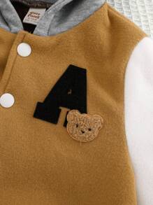 Cozy Pixies Baby Boy Casual Versatile Letter Print Contrast Color Hooded Baseball Jacket, Fall Clothes - Khaki - View 6