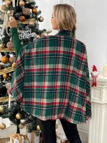 SHEIN Plaid Pattern Collar Maternity Long Sleeve Jacket & Windbreaker With Horn Buttons, Poncho For Winter - Green - View 2