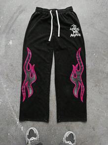 Manfinity Roghcode Manfinity Streetrush Men's Flame & Letter Print Wide Leg Sweatpants,Y2K Drawstring Casual Baggy Pants,Black Pink,Summer,Streetwear,City Break Gifts - Black - View 1