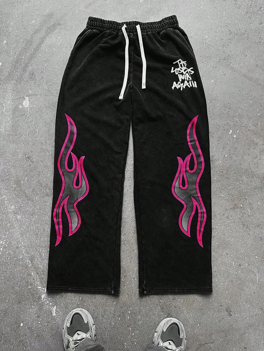 Manfinity Roghcode Manfinity Streetrush Men's Flame & Letter Print Wide Leg Sweatpants,Y2K Drawstring Casual Baggy Pants,Black Pink,Summer,Streetwear,City Break Gifts - Black - View 1