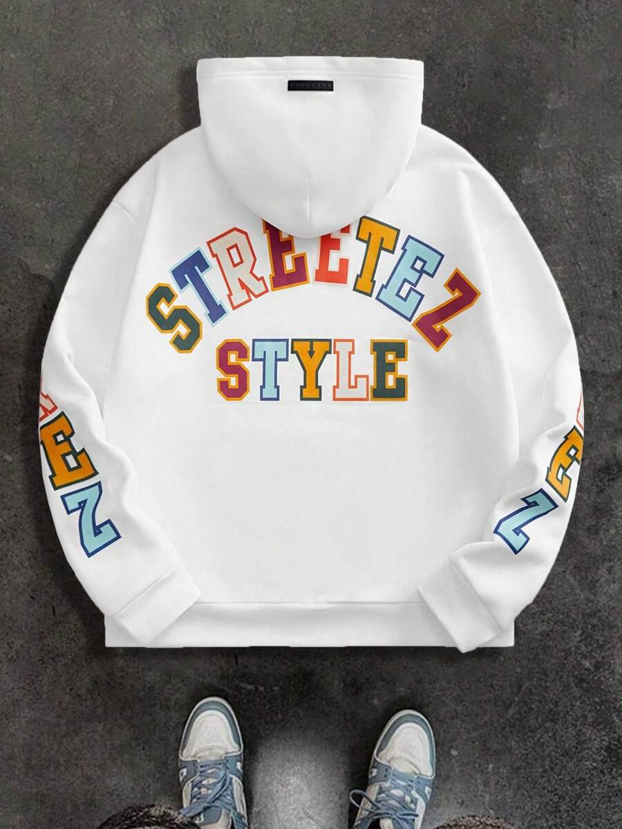 Manfinity NXTstreet 男士宽松针织英文字母印花连帽毛衣，适合秋冬 - 白色 - 查看 1