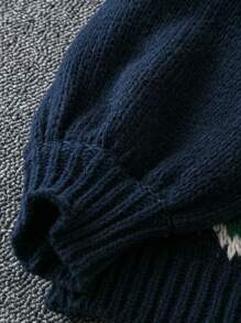 Mulvari Áo len tay đèn lồng cổ tròn họa tiết hình học thường ngày cho nữ, mùa thu/đông - Màu xanh hải quân - Xem 5