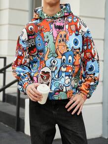 Manfinity Unisex 男士宽松图案印花落肩休闲连帽衫，适合秋冬季 - 彩色 - 查看 1