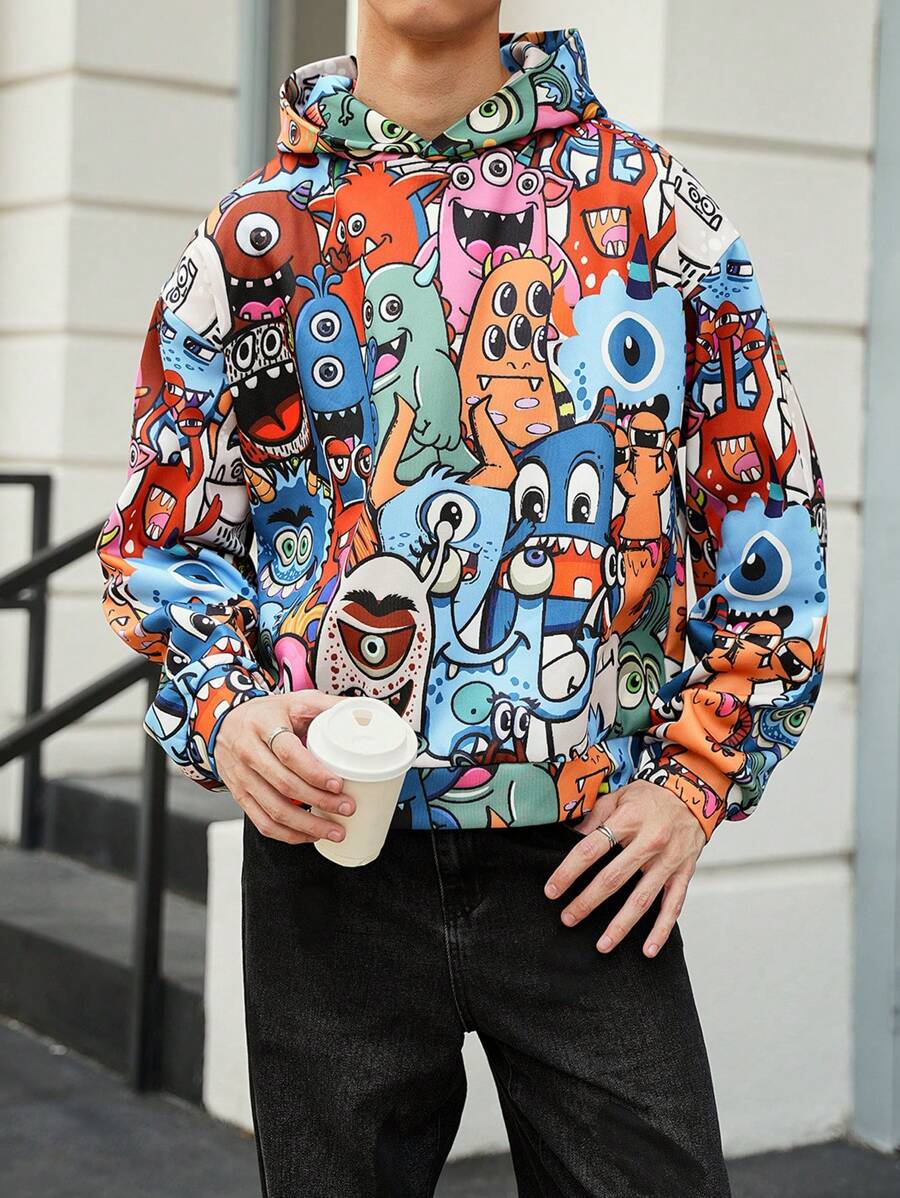 Manfinity Unisex 男士宽松图案印花落肩休闲连帽衫，适合秋冬季 - 彩色 - 查看 1