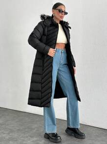 EURMUSE Fur And Zipper Added Padded Long Padded Winter Coat - Black - View 4