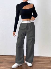 Flirla Women Striped Print Casual Straight Leg Pants With Pockets