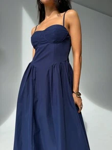 Aloruh 純色細肩帶百褶中長裙，適合日常休閒穿著 - 藏蓝色 - 查看 5