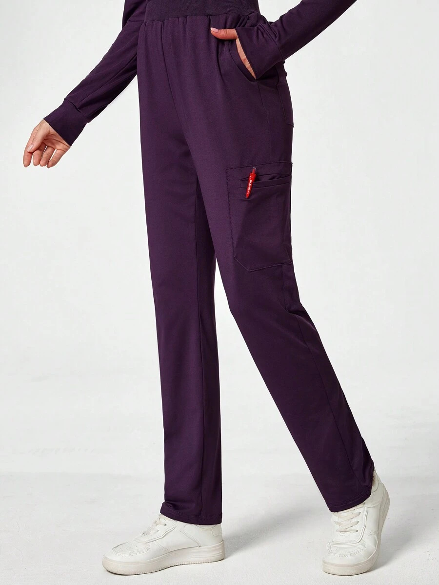 TaskEZ Solid Color Multi-Pocket Simple Casual Nursing Scrub Uniform Bottoms - Purple - View 1