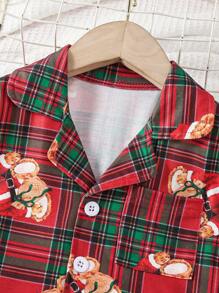 2pcs/Set Tween Boys Burgundy Plaid Bear Print Polo Collar Cardigan And Casual Pants Home Wear, For Christmas - Burgundy - View 4