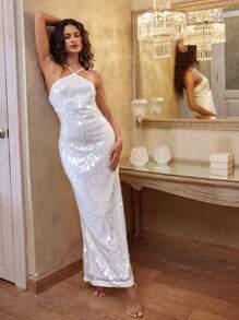 Opulessa 女士纯色珠饰面料紧身露背美人鱼连衣裙，海滩 - 白色 - 查看 3