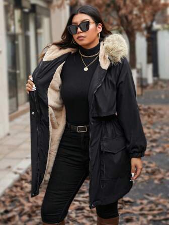 Calvaya Veste parka à capuche à col moelleux et taille avec cordon, pour la Thanksgiving et les vêtements d'hiver, tailles plus